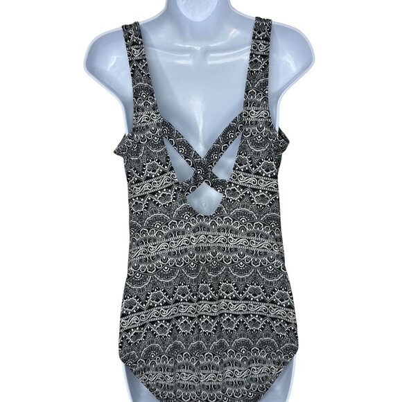 Vintage Robby Len One-Piece Swimsuit Criss Cross Back Black White Print‎ Size 14 - Picture 9 of 10